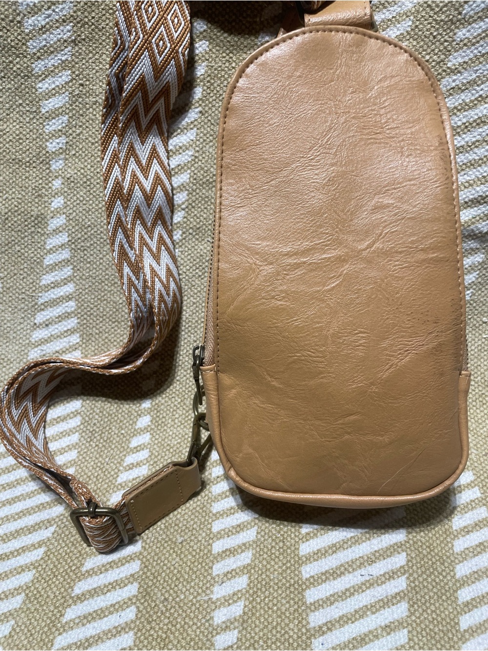 Tan Crossbody Sling Bag with Patterned Strap - Picture 4 of 16